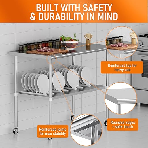 Stainless Steel Table with Wheels 30" x 48" Utility Worktable with Adjustable Undershelf for Commercial Kitchen, Garage, Restaurant