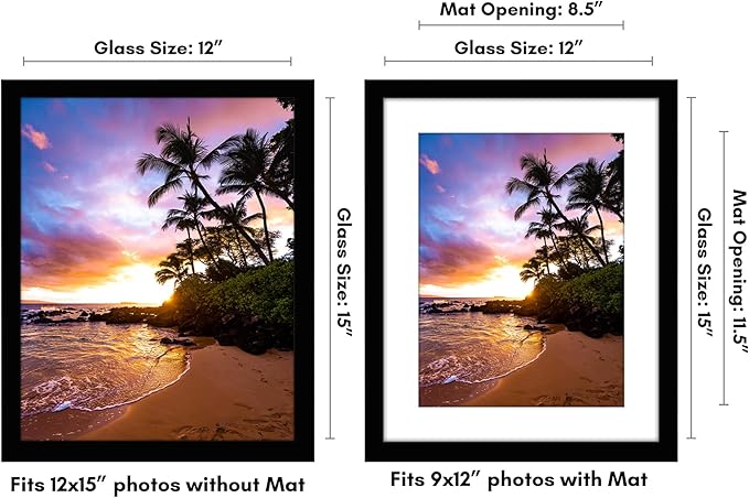 Americanflat 12x15 Picture Frame with Shatter-Resistant Glass - Use as 9x12 Frame with Mat or Display 12x15 Photo Without Mat - Signature Collection - Picture Frames for Wall Display - Black