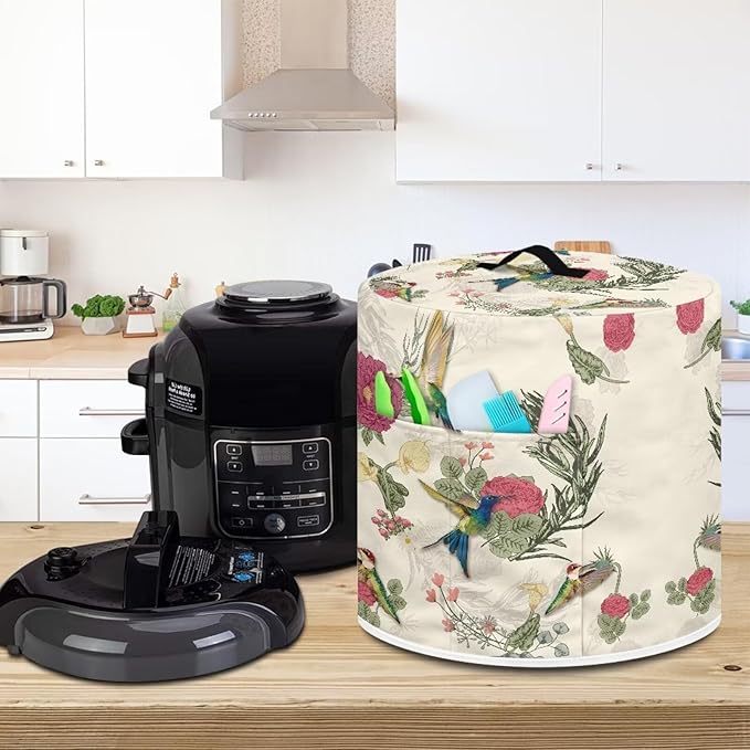 Flashideas Hummingbird Floral Pressure Cooker Cover for Women Insulated Rice Cooker Cover with Easy to Clean Lining Waterproof Dust Cover with Pockets for Instant Pot 6 Quart Appliance Cover