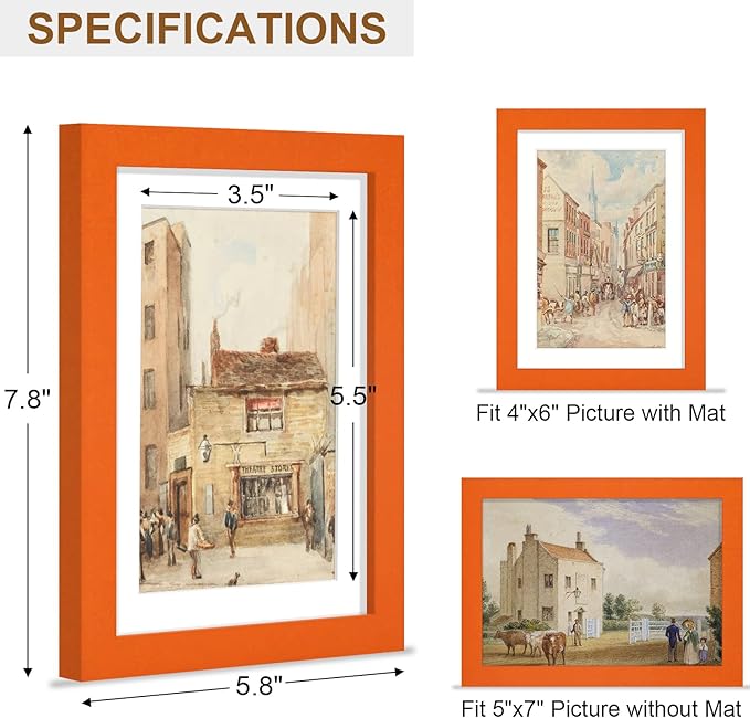 Vittanly 5x7 Picture Frame, Solid Wood Frame with Plexiglass, Includes 4x6 Mat, Wall Hanging or Tabletop for Home Decor, Orange, 1 Pack