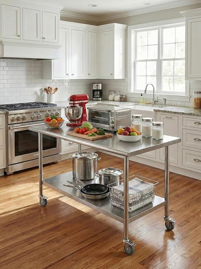 All-Stainless Steel Prep Table, 24 X 48 Inches, with Wheels and Adjustable Undershelf, Heavy-Duty for BBQ,Restaurants,Hotels,Workshops,Kitchens,Gardens, and Garages