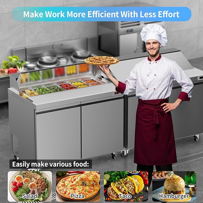 48“ Commercial Refrigerator Sandwich&Salad Prep Table Fridge with 12 Pans 2 Door Stainless Steel Counter Fan Cooling Refrigerators