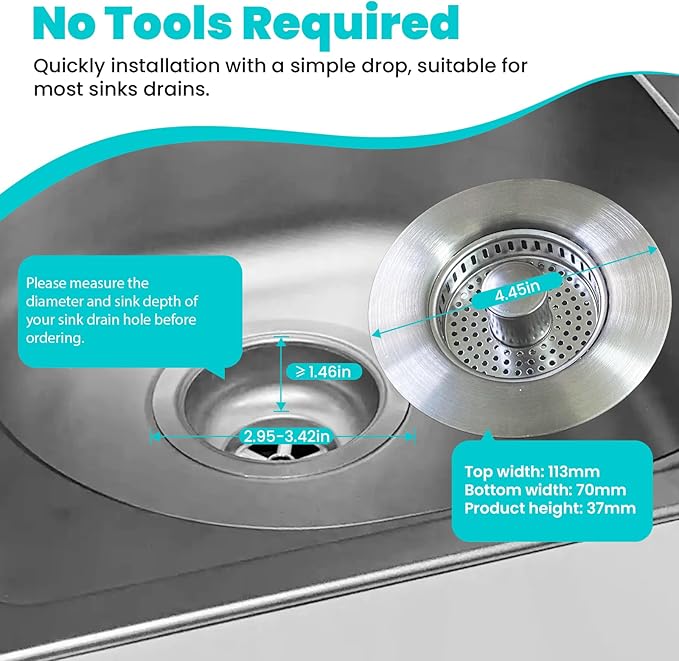 Kitchen Sink Drain Strainer, 304 Brushed Stainless Steel Pop Up Sink Stopper for US Standard 3-1/2 Inch, Upgraded 3 in 1 Sink Drain Strainer with Anti-Clogging Basket, Stainless Steel Filter