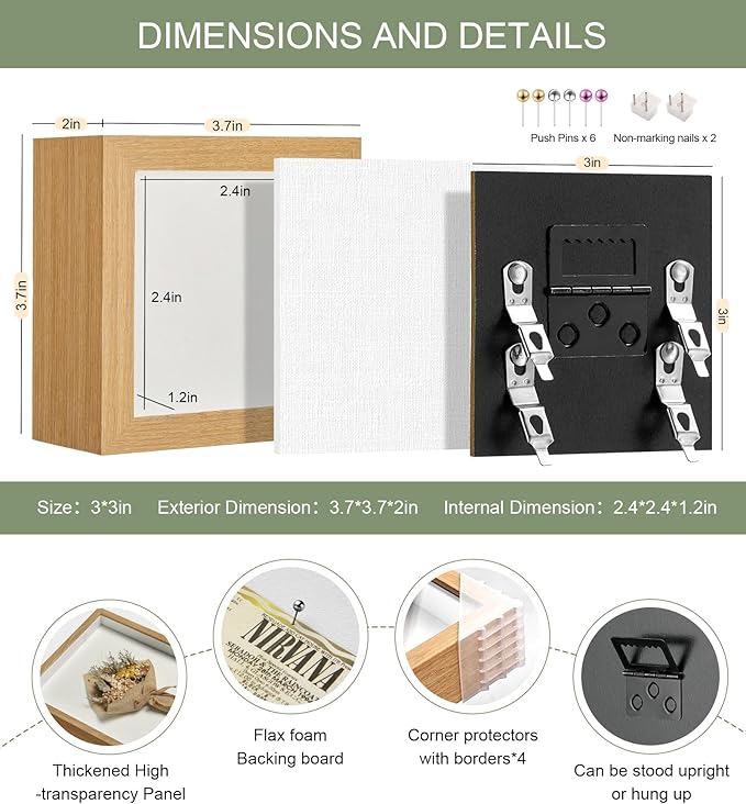 3x3 Mini Shadow Box Display Case Picture Frame with Soft Linen Back,Small Wood Color Shadow Box 3x3 for Flowers Medal Display Case Jersey pet Graduation Memorabilia Baby Ltems Crafts Photos