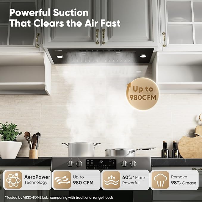 Range Hood Insert 30 Inch, Ducted/Ductless Convertible, 980 CFM Built-in Kitchen Vent Hood,Stainless Steel Range Hood with Gesture & Touch Control, Black Hoods for Over Kitchen Stove