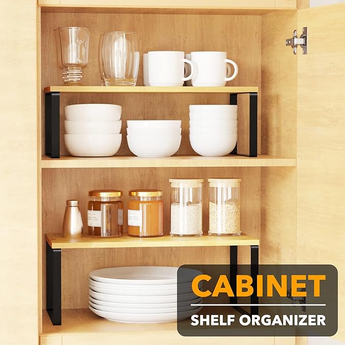 SpaceAid Cabinet Shelf Organizers 2 Pack, Kitchen Counter Rack Shelves Riser, Stackable Expandable Spice Rack, Pantry Cupboard Storage Organization (Black and Natural, Long)