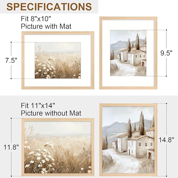 Vittanly 11x14 Picture Frame Set of 2, Solid Wood Frame for Wall Art Photo and Prints, Display Photo 8x10 with Mat or 11x14 without Mat, Natural