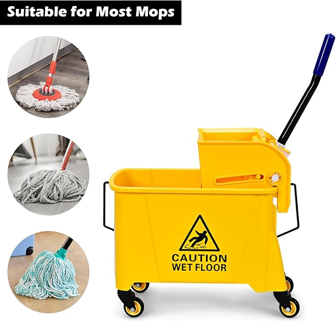 ARLIME Mop and Bucket Set with Wringer On Wheels, 21 Quart Capacity Portable Wringer Trolley on Wheels, Side Press Floor Cleaning Wavebrake w/Handle, Mop Bucket for Home, Commercial, Restaurants