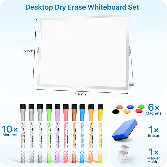 Dry Erase White Board with Stand,Double-Sided Whiteboard 16"x12", 10 Markers,6 Magnets, 1 Eraser,Portable Desktop Whiteboard for Planning,Colorful Weekly Schedule Board for School for Home