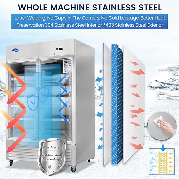 Beverage Refrigerator, 49 Cu.Ft Drink Fridge with Glass Door, Commercial Fridge with 8 Adjustable Shelves, Commercial Refrigerator with Front Led Light for Restaurant, Supermarket, Gym