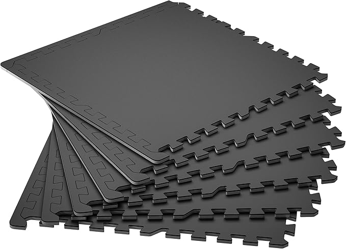SUPERJARE 0.4'' Thick 6 Pcs 24 Sq Ft Rubber Top Exercise Equipment Mats, High Density EVA Foam Mats with Rubber Top, Interlocking Gym Flooring for Home Gym, Protective Workout Mat, Black