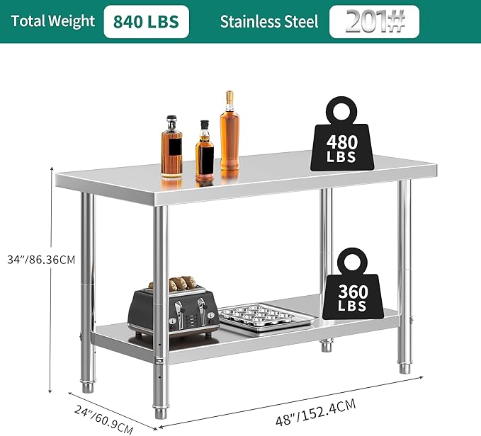 YITAHOME NSF Stainless Steel Table, 48" X 24" Work Table w/Undershelf, Heavy Duty Prep Table for Home Kitchen Commercial Restaurant Garage Warehouse Outdoor