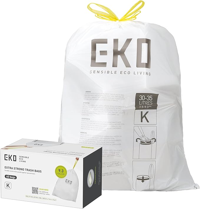 EKO 9.3 Gallon / 30–35 Liter Drawstring Trash Bags, 60 Count Heavy-Duty Tall Kitchen Garbage Can Liners, Extra-Strong Leak-Resistant, Unscented, White, Code K