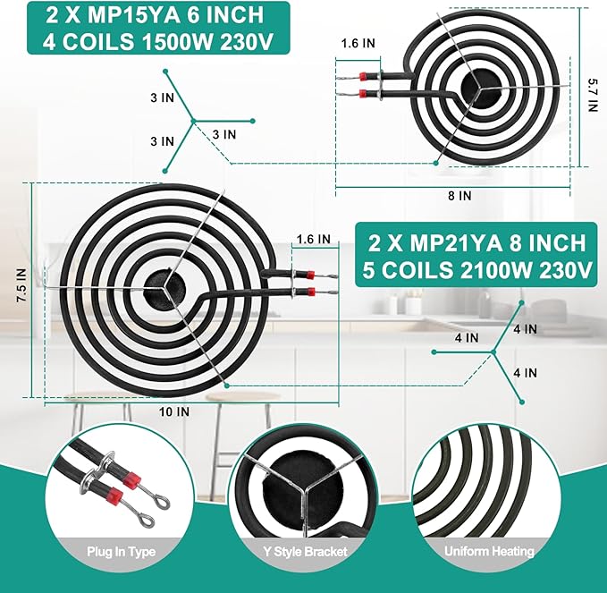 5304430149 5304430150 Porcelain Drip Pan Set & MP22YA Electric Range Burner Element Unit Set with 330031 Range Burner Receptacle Kit Compatible with Frigidaire Kenmore Range Oven/Stove by Cenipar