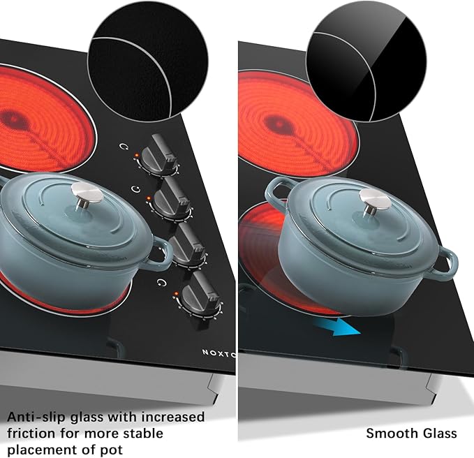 Noxton 24 Inch Electric Cooktop 4 Burners Electric Stove Top, Built-in 24" Radiant Ceramic Cooktop with Knob Control, Hot Surface Indicator, 220-240v,6000W, No Plug, Hard Wire