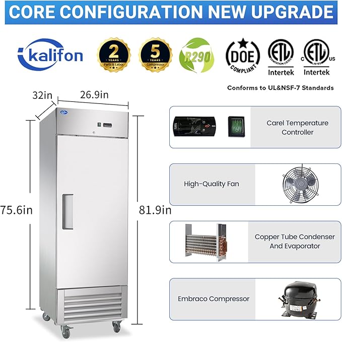Commercial Refrigerator, 27" W Industrial Fridge, 23 Cu.Ft Commercial Reach in Stainless Steel Freezer, Commercial Freezer Upright with 5 Shelves for Restaurant, Bar, Supermarket