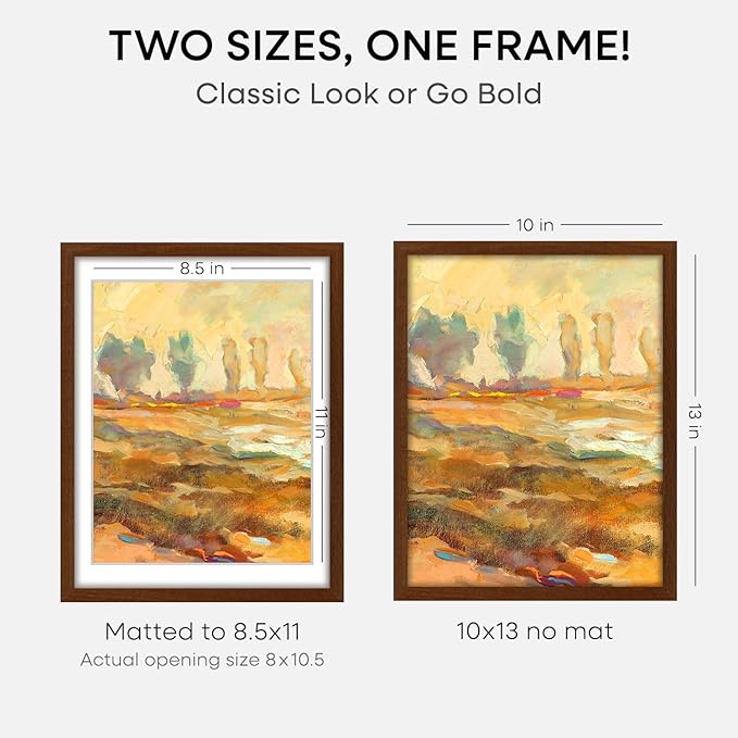 Homeforia 10x13 Brown Picture Frame, High End Dark Oak 10x13 Walnut Poster Frame with Mat 8.5x11, 10 x 13 Wooden Frames Matted to 8 by 10 inch Photo, 13x10 Frames, Tempered Glass, Wall Kit, Set of 3