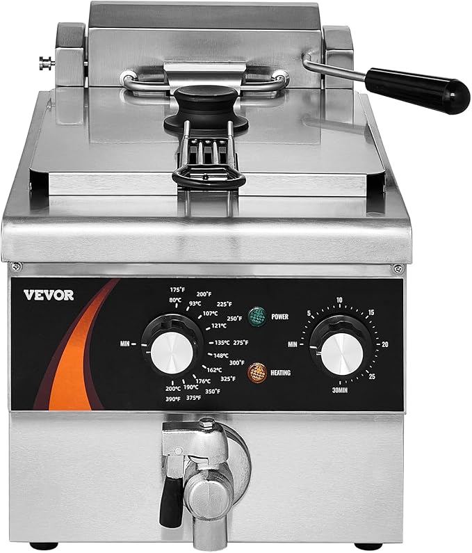 VEVOR Commercial Deep Fryer, 9Qt /8.5 L Single Oil Fryer, 1mm Thickened Stainless Steel, 1750W Electric Countertop Fryer with Basket, Time & Temp Control, for Kitchen Restaurant Use, Silver