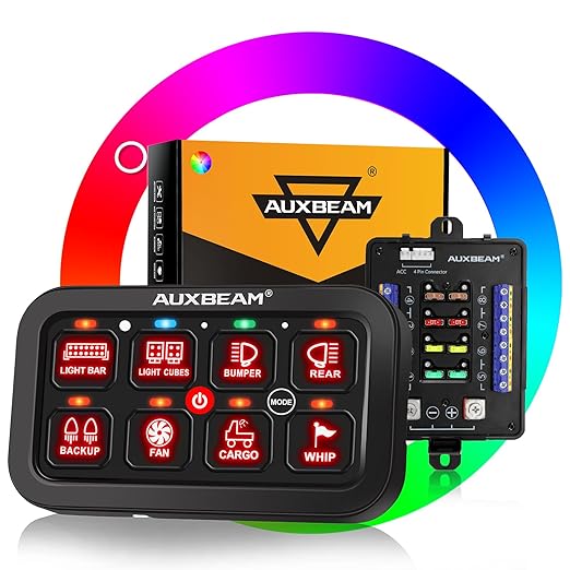 Auxbeam Switch Panel RB80 RGB 8 Gang Switch Panel Auto-Dimmable Multifunction Switch Panel w/Momentary Toggle Pulsed Memory, Aluminum Switch Panel for Truck Boat Car RV Waterproof, 2-Year Warranty