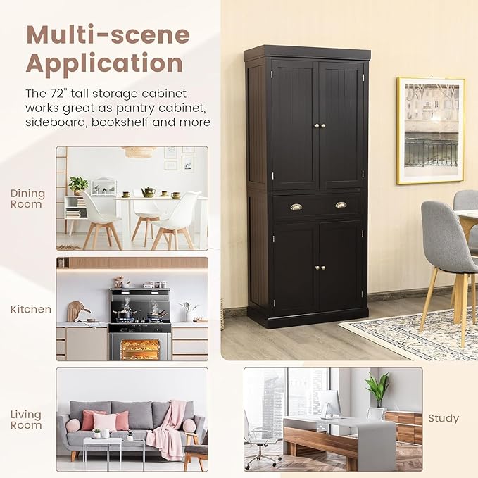 DORTALA 72” Tall Kitchen Pantry Cabinet, Wood Storage Cupboard w/ 4 Adjustable Shelves, 2 Cabinets & Drawer, Utility Freestanding Storage Cabinet for Kitchen, Hallway, Living Room, Brown