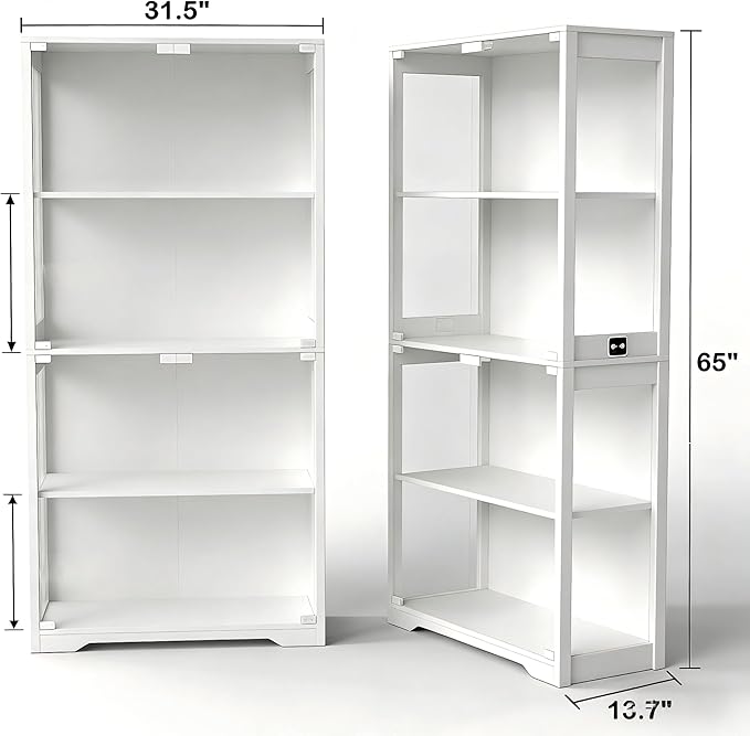 Display Cabinet with Glass Doors, Curio Cabinet with 3 LED Lights and Human Body Sensor, Bookcase with 4 Shelves Storage Cabinets, White