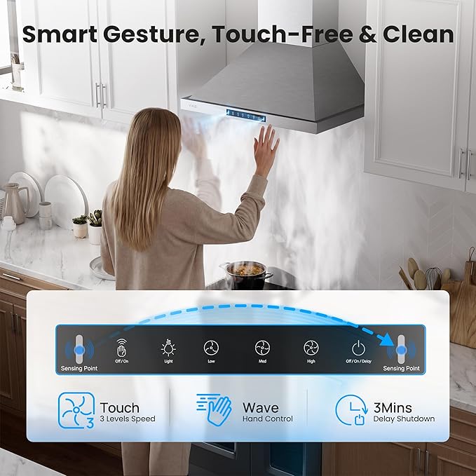 30 Inch Pro Wall Mount Range Hood 980CFM, Direct 3 Speed Panel with Gesture & Touch Control, Ducted/Ductless Stainless Steel Kitchen Vent Hood, Delay Shut-Off, Includes Duct & Filter