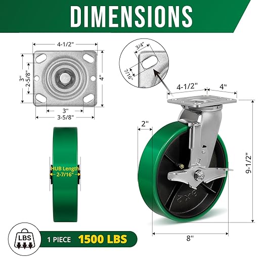 8" Heavy Duty Casters, Casters Set of 4 Total Capacity 6000 lbs- Polyurethane on Steel Wheel, Industrial Casters for Carts Pallet Trucks(2 Brake & 2 Swivel)