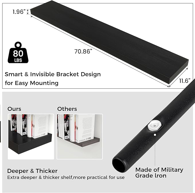 Floating Shelves for Wall 72"W x 11.6"D x 2"H, Long Engineered Wood Wall Shelves with Invisible Brackets for Living Room Bedroom Bathroom Office Kitchen Decor and Storage, Black Finish, Set of 1