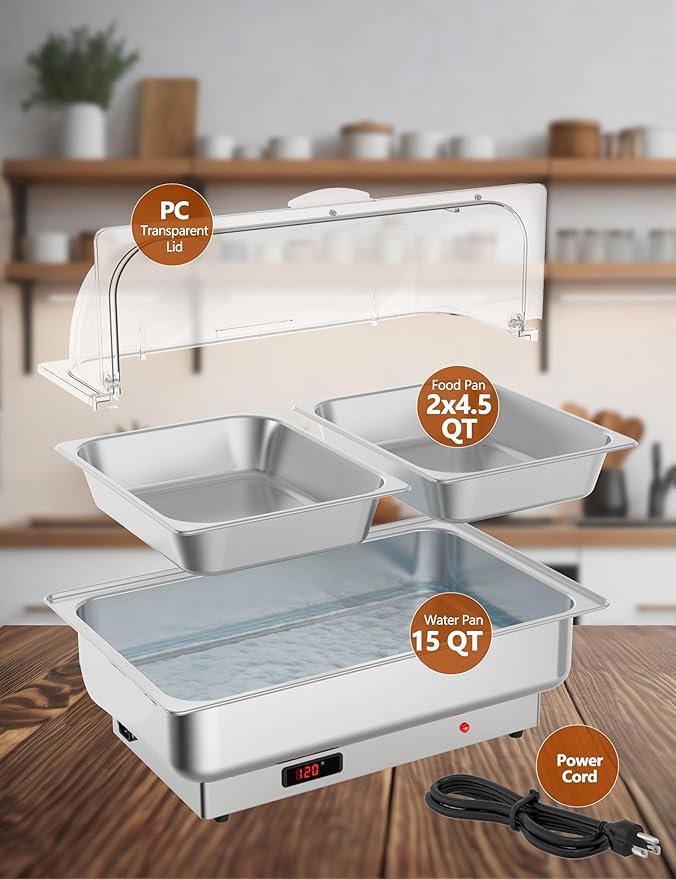 2 Pack Rectangular Chafing Dish Electric Buffet Set,2 x 4.5QT Half-Size Stainless Steel Food Servers and Warmers with Temperature Control for Catering, Wedding and Parties