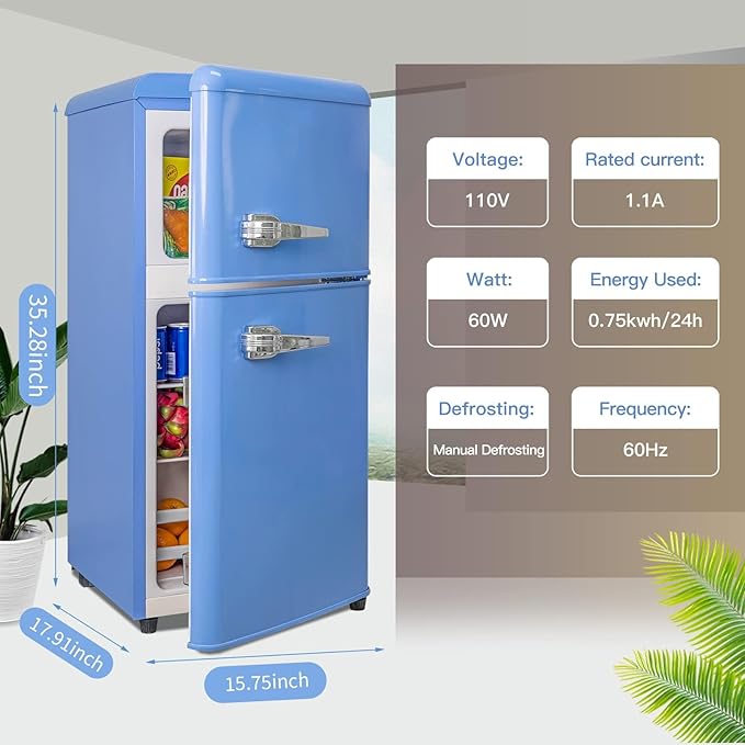Anukis Compact Refrigerator with Freezer, 3.2 Cu.Ft 2 Door Mini Fridge for Apartment, Dorm, Office, Family, Basement, Garage - Retro Blue