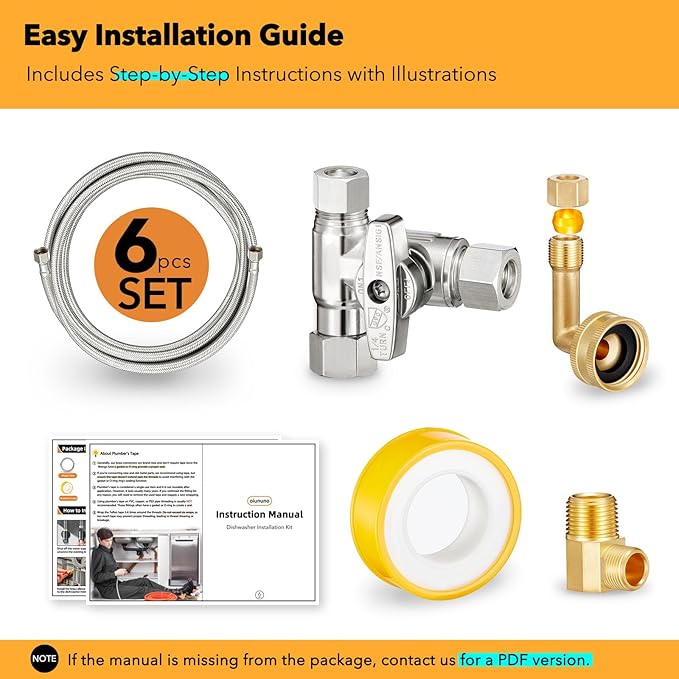 Dishwasher Hose Installation Kit - Includes Water Supply Line, 3/8" Compression Water Splitter, 3/4" FHT Elbow, and 3/8" MIP Elbow (18 FT)