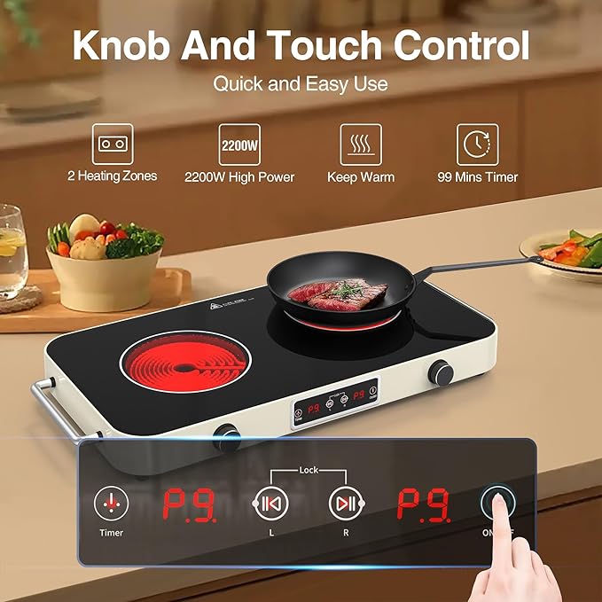 Electric Cooktop, 2200W 110V Electric burner, Electric Stove Top with 2 Handle, 2 Burner Electric Cooktop with 9 Power Settings,Knob Control Child Safety Lock & Timer.