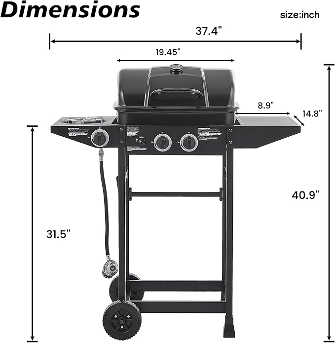 Gas Grill with Side Burner, 2 Burner Propane Grill 24,000 BTU, 237 Sq In Cooking Area, Stainless Steel Outdoor Grill for Backyard, Patio, Balcony