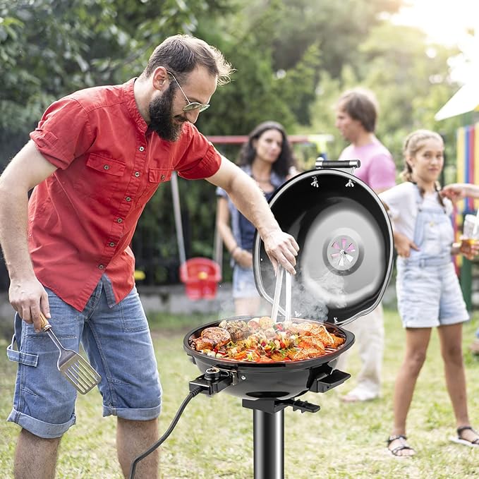 HAPPYGRILL 1600W Portable Electric Grill Outdoor BBQ Grill for 15-Serving, Electric Barbecue Grill for Indoor & Outdoor Use, Portable Stand BBQ Grill for Patio Balcony Kitchen Garden (Black)