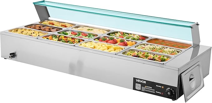 VEVOR Commercial Food Warmer, 1700W Electric Stainless Steel Steam Food Warmer with Glass Cover, 12-Pan Countertop Buffet Bain Marie with Soup & Perforated Ladles, for Catering, Restaurant & Party