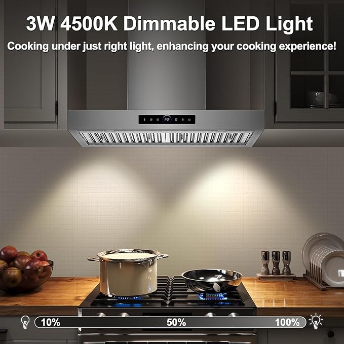 30 inch Wall Mount Range Hood, 1200 CFM with 4-Speed Gesture Sensing & Touch Control, Stainless Steel Ducted Kitchen Stove Vent Hoods with 2 LED Lights, Time Setting, Dishwasher-Safe Baffle Filters