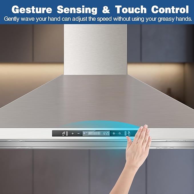 Island Range Hood 36 inch 700 CFM Ceiling Mount Kitchen Hood Vent with Gesture Sensing &Touch Control,Ducted/Ductless Convertible,3 Speeds Fan,4 LED Lights,Stainless Steel,Aluminum Filters