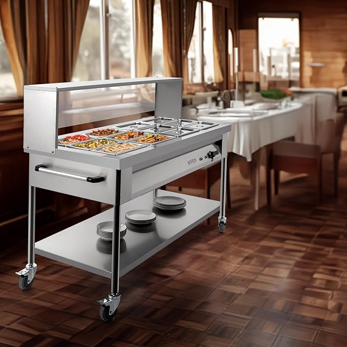 ROVSUN 96QT Steam Table, 12-Pan Electric Commercial Food Warmer Stainless Steel Bain Marie w/Acrylic Shield Overshelf Undershelf Temperature Control & Lid for Party Restaurant 8QT/Pan 1500W 110V