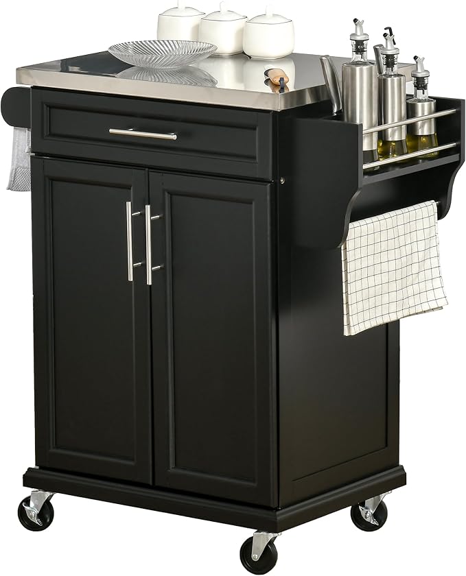 HOMCOM Kitchen Island on Wheels, Rolling Kitchen Cart with Stainless Steel Countertop, Drawer, Towel Rack and Spice Rack, Utility Storage Trolley, Black