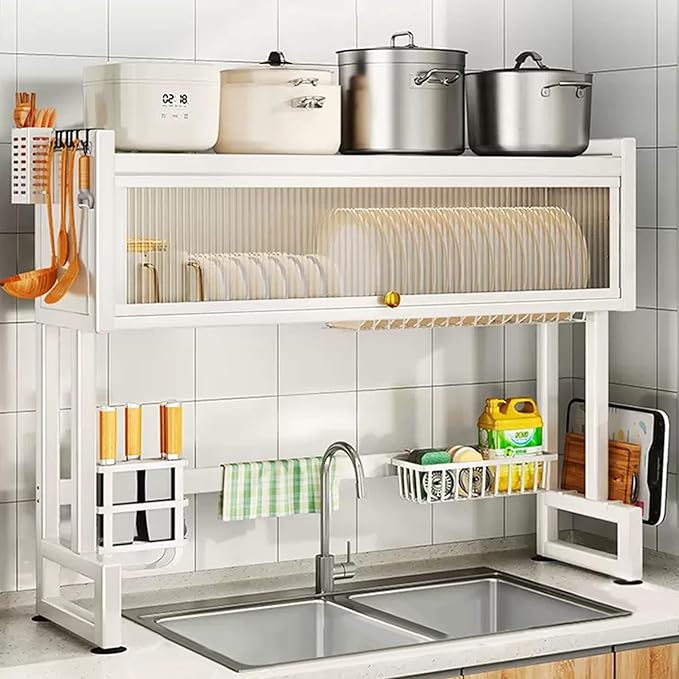 Milkshake White 3 Tier Over Sink Dish Rack Drainer with Cover - Space-Saving Organized Drying Rack for Dishes, Glasses, Bowls, Cutlery