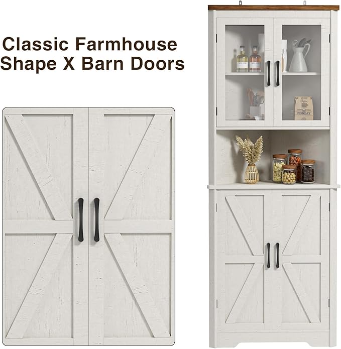 67''H Tall Corner Cabinet with 4 Tempered Glass Doors and Barn Doors, Farmhouse Storage Cabinet with 5 Adjustable Shelves, Home Pantry Hutch for Kitchen, Dining Living Room, Bathroom, Antique White