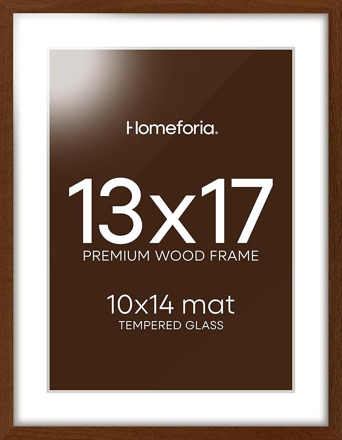 Homeforia 13x17 Picture Frame Brown, High End Dark Oak 13x17 Poster Wood Frame with Mat 10x14 for Photo, 13 x 17 Wooden Walnut Frame Matted to 10 x 14, 17x13 Frames, Tempered Glass, Wall Kit, Set of 1