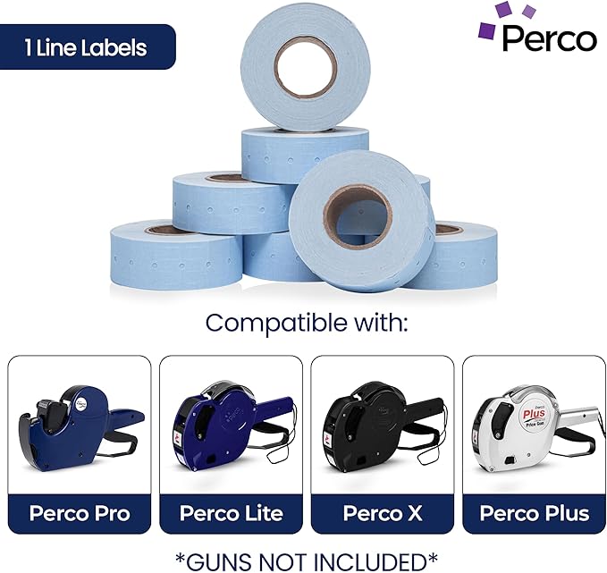 Perco 1 Line Blue Labels - 32 Rolls, 4 Sleeves, 32,000 Blank Price and Date Gun Labels for Perco Lite, X, Plus and Pro 1 Line Price and Date Guns - Made in USA