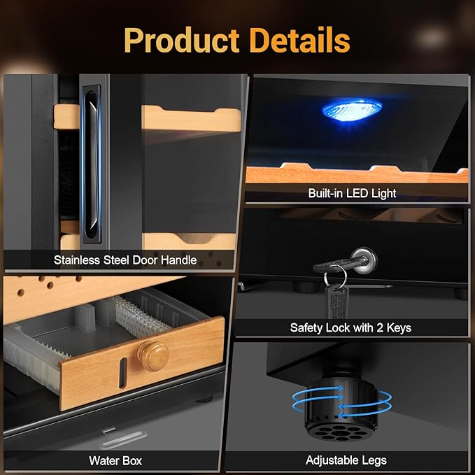 70L Electric Humidor – Large Capacity 400 Count Electric Humidor Cooler | Smart Temperature & Humidity Control | Spanish Cedar Wood Shelves, Digital LED Screen & Safety Lock | Gift for Men