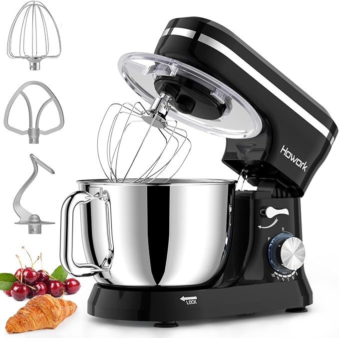 HOWORK Electric Stand Mixer,10+p Speeds Kitchen Mixer With 6.5QT Stainless Steel Bowl,Dough Hook, Wire Whip & Beater,for Most Home Cooks(Black)