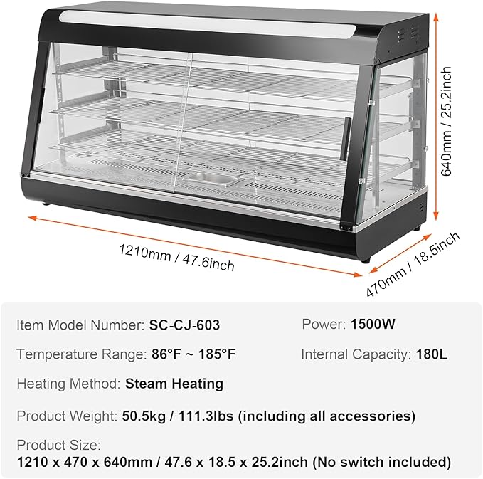 VEVOR 3-Tier Commercial Food Warmer Display, 1500W Food Display Warmer with Light, Adjustable Shelf and Temperature Display, 86℉~185℉ Steam Heating, 180L for Hamburger, Pizza, Bread, Fried Chicken