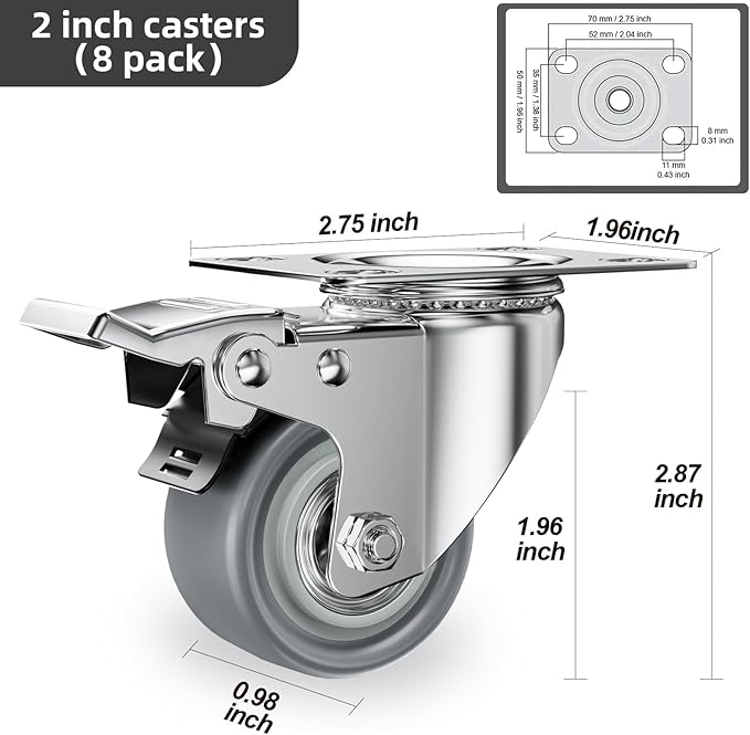 2 inch Caster Wheels, Casters Set of 8 Heavy Duty - CLOATFET Locking Casters, Swivel Caster Wheels with Brake (Top Plate), Non Marking Grey TPR Rubber Castor Wheels for Cart Furniture Workbench