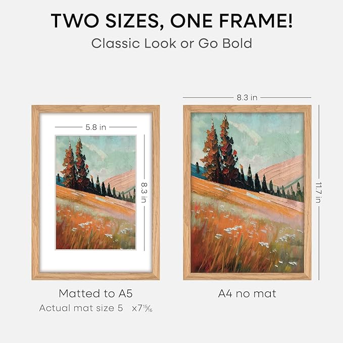 Homeforia A4 Picture Frame Wood, High-End Natural Oak 8.3 x 11.7 Wooden Poster Frames Matted to 5.8 by 8.3 inch Photo, A4 Size Light Wooden Frames with Mat A5 Print, Tempered Glass, Wall Kit, Set of 2