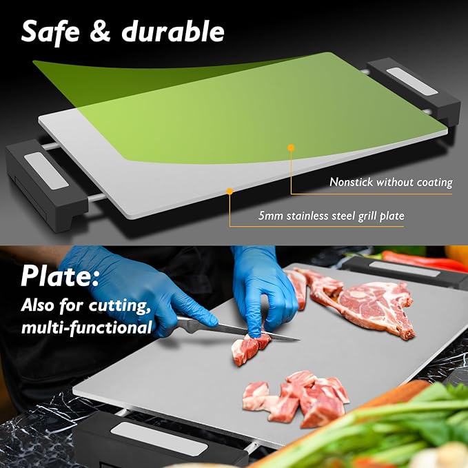 Electric Griddle Indoor, 14" Adjustable Temp Control 536° Electric Flat Top Grill, 5MM Stainless Steel Plate Even Heat Retention, Removable & Dishwasher Plates Electric Grill for Indoor Outdoor