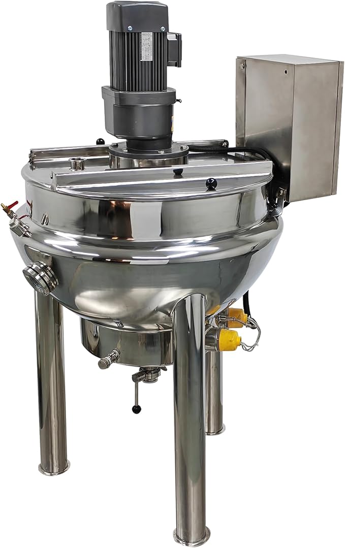 26Gal Vertical Jacketed Kettle Commercial Electric Tilting Stirring Jacketed Kettle with Stirrer Stainless Steel for Chili Sauce Jam Porridge 220V 60HZ 3-Phase 1.1KW